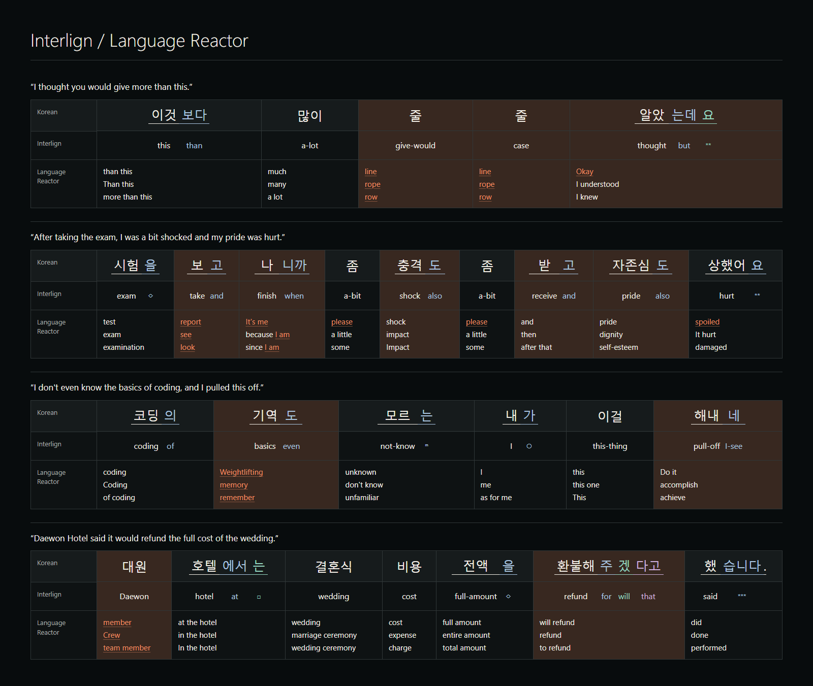 Interlign and Language Reactor comparisons: 줄 줄, exam and pride, coding, and hotel refund