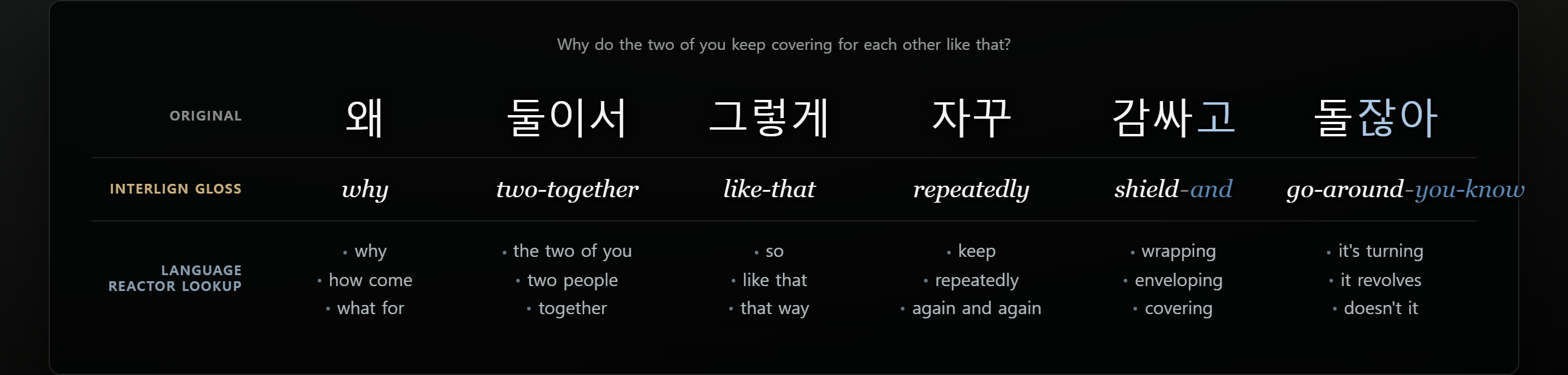 Interlign reads 감싸고 돌잖아 as shield-and go-around-you-know while lookup makes it look like physical wrapping and rotating.
