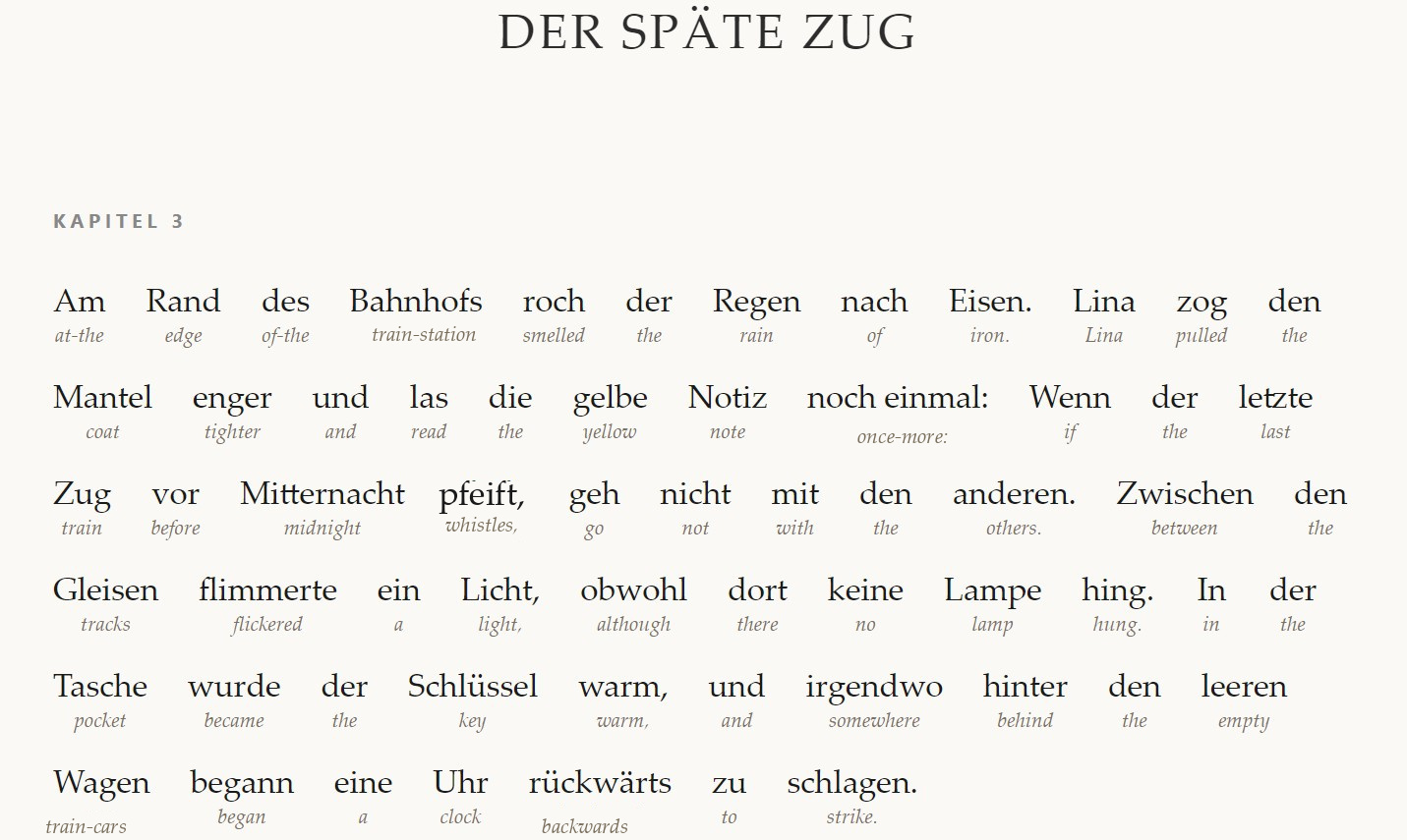 German reader page with interlinear glosses under each word.